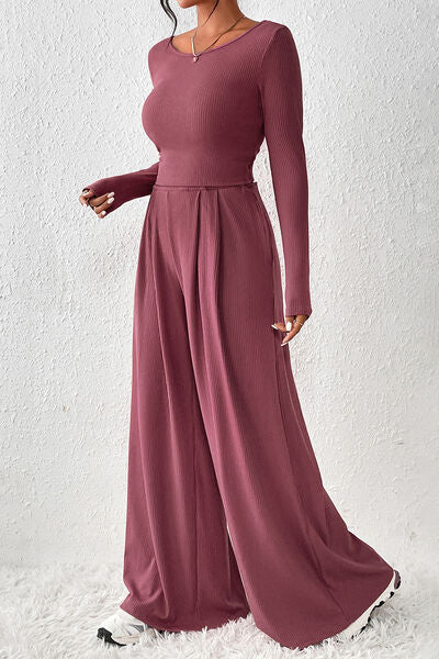 Ribbed Round Neck Top and Wide-Leg Pants Set