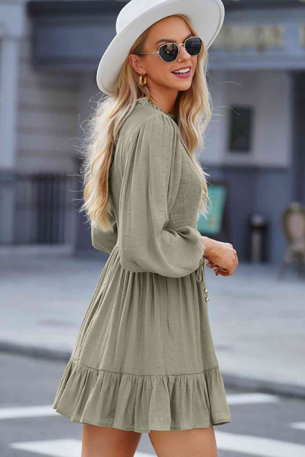 Smocked Tied Balloon Sleeve Mini Dress