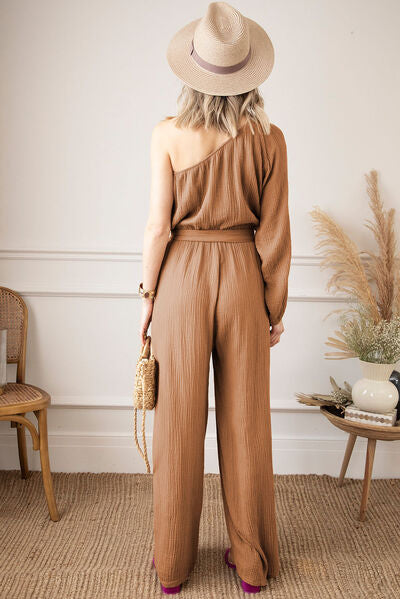 Texture Single Shoulder Tie-Waist Jumpsuit