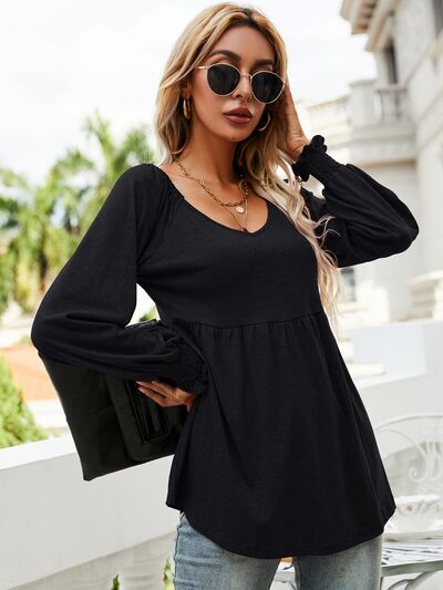 V-Neck Lantern Sleeve Blouse