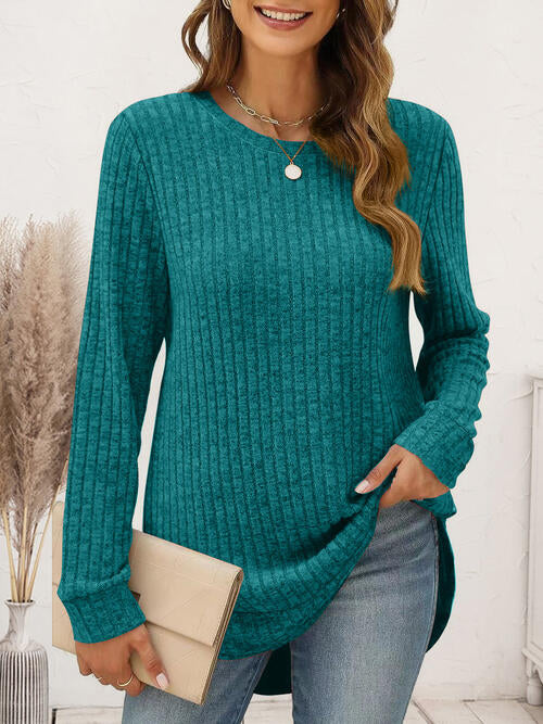 Ribbed Round Neck Long Sleeve T-Shirt