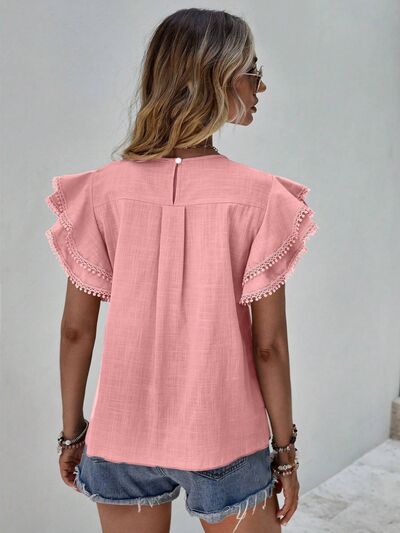 Ruffled Cap Sleeve Round Neck Blouse