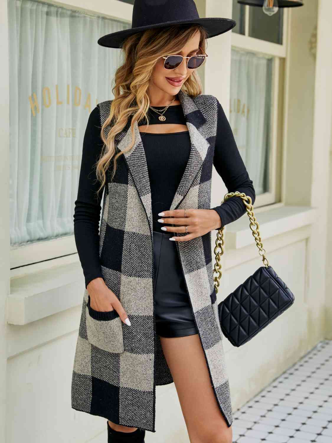 Plaid Lapel Collar Sleeveless Cardigan