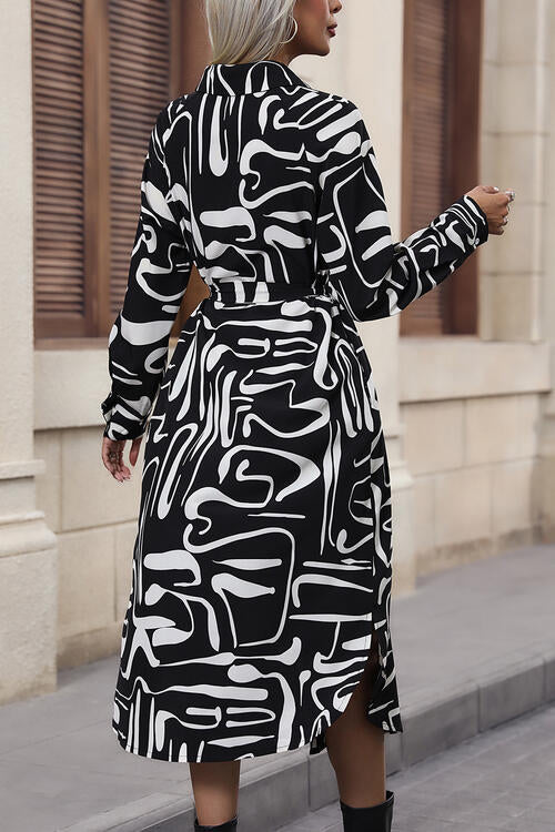 Printed Tie Front Collared Neck Slit Shirt Dress